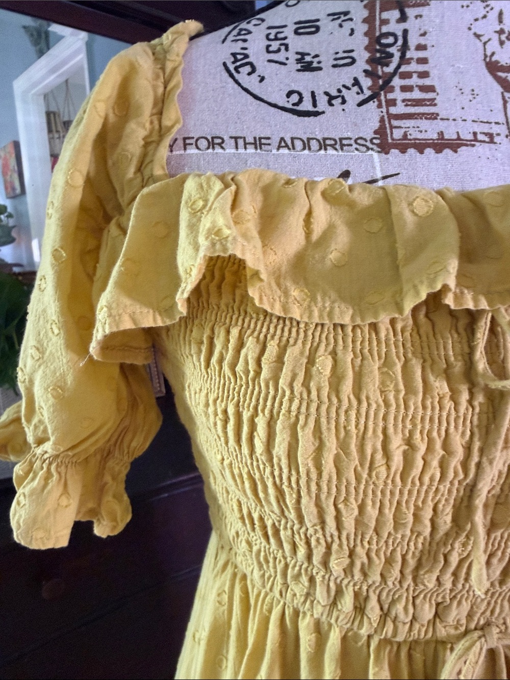 R. Yiposha Yellow Chartreuse Swiss Dot Smocked Puff Sleeve Off Shoulder Dress - Picture 7 of 13